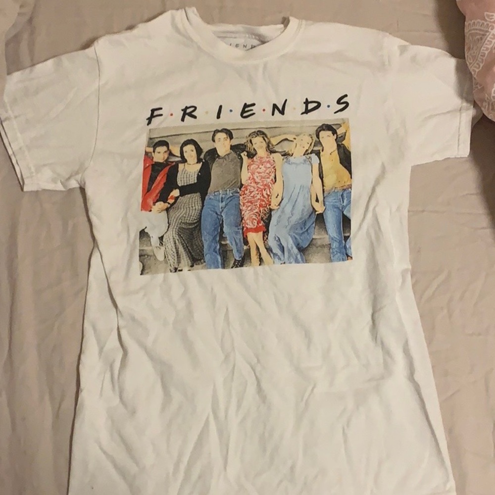 white graphic “friends” tee
